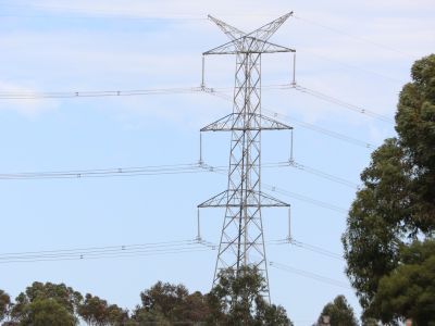 A 500 kV transmission tower outside of Moorabool in portrait. 